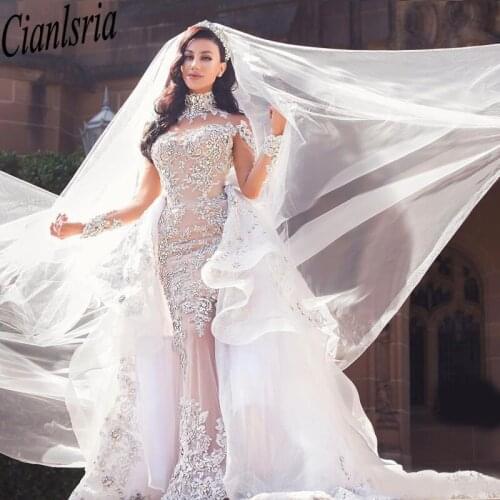Luxurious Rhinestone Crystal Wedding Dress High Neck Beads Applique Long Sleeves Mermaid Bridal Dress Gorgeous Dubai Wedding Gow