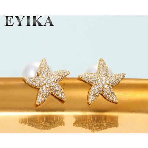 EYIKA Cute Round Pearl Ear Plug Pave Zircon Starfish Stud Earring Women Girl Jewelry Gold Silver Color Star Double Side Aretes