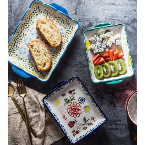 Nordic Binaural Steak Plate Ceramic Creative Hand-Painted Kitchen Food Container Dinnerware Rectangular Breakfast Dessert Plate