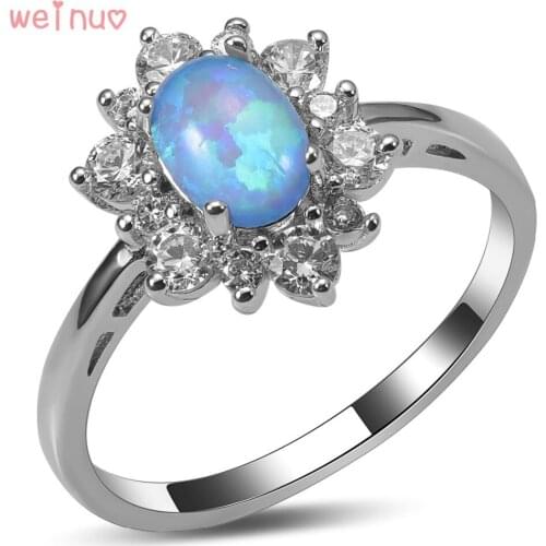 Weinuo Blue Fire Opal White Crystal Ring 925 Sterling Silver Top Quality Fancy Jewelry Wedding Ring Size 5 6 7 8 9 10 A394