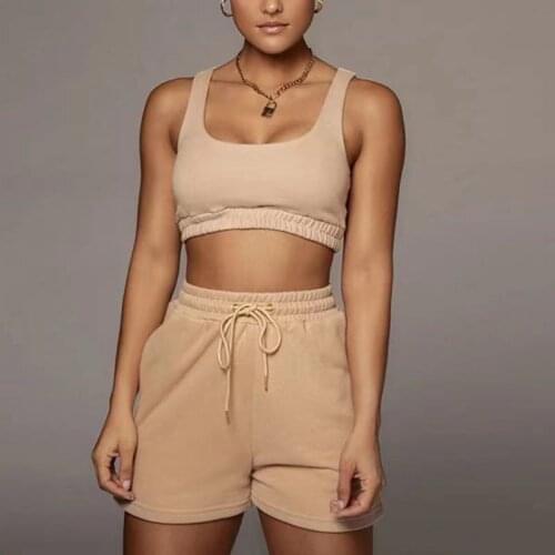 Two Piece Casual Solid Shorts Sets Women 2021 Crop Top And Drawstring Shorts Summer Sportswear Suits Summer Tank Tops Outfits