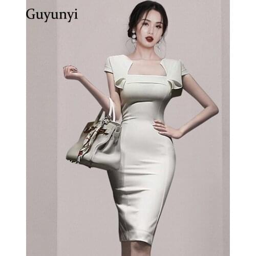 High Waist Tight Office Lady Dress 2021 Summer White Simple Square Collar Ultra Short Sleeve Ruffled Elegant Party Dress Women