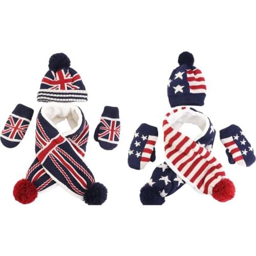 Toddler Kids 3 Pieces Winter Warm Beanie Hat Long Scarf Gloves Set USA American UK British Flag Knitted Pompom Skull Cap
