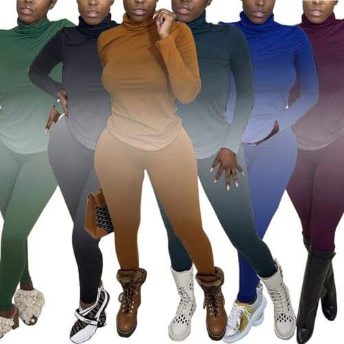 Gradient Color Long Sleeve Loose Turtleneck T-Shirt and Skinny Legging Matching Sets Women Casual Activewear 2 Piece Set Outfits