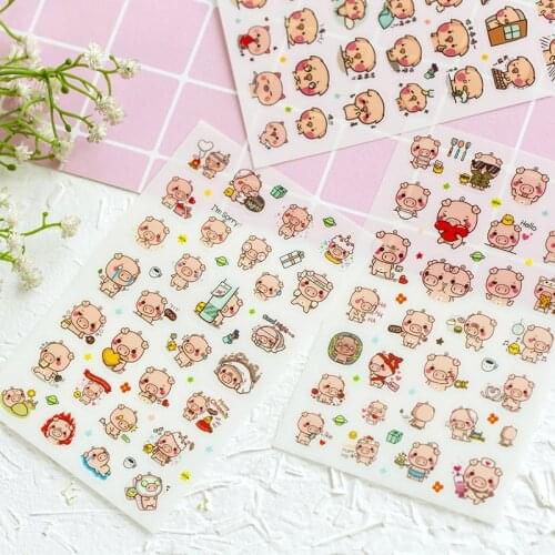 6 Sheets Pink Piglet Adhesive Stickers Decorative Album Diary Stick Label Paper Hand Account Decor