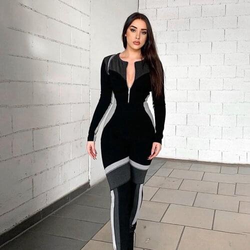 Jumpsuit Womens Sports Overalls 2020 Spring Fitness Long Sleeve Zipper Tracksuit Elastic Hight Matching Streetwear Outfit