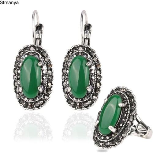 Ring Earrings Set Jewelry Vintage Bohemia Jewelry Antique Silver Color Plated Eyes Stone Earrings Ring Women Jewelry 28011