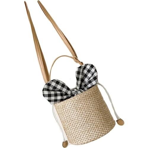 Women Round Straw Beach Bag, Girl Female Casual Fashion Woven Handmade Handbag, Summer Vacation Shoulder Bucket Bag