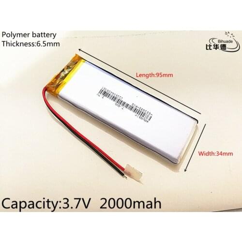Li-po 3.7V,2000mAH,653495 PLIB; polymer lithium ion / Li-ion battery for GPS,mp3,mp4,mp5,dvd,,model toy mobile