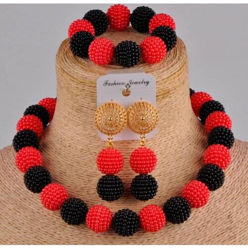 Fashion black and red african necklace nigerian wedding beads jewelry set FZZ97-11