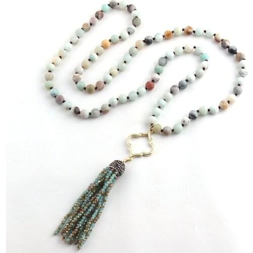 Fashio Artisan Jewelry Frosted Amazonite Stone Long Knotted Spade and Tassel Punk Necklaces For Women Lariat Necklace