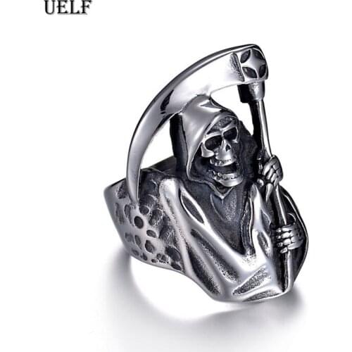 Uelf Gothic Punk Ring For Men Retro Skeleton Devil Male Ring Stainless Steel Skull Adjustable Adjustable Exaggeration