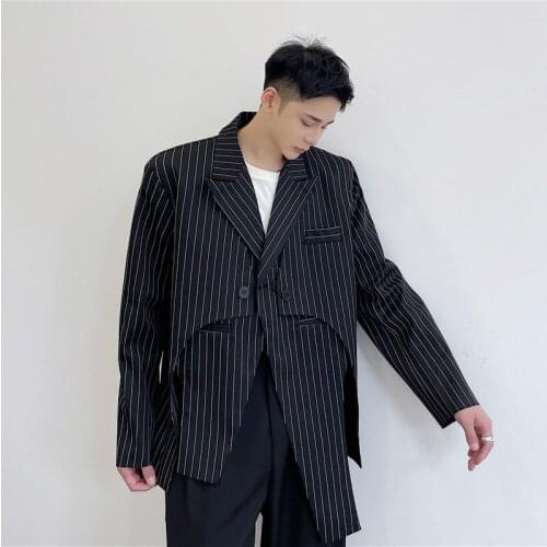 Asymmetry Design Splice Blazers Men Streetwear Chic Fashion Show Loose Casual Stripe Suit Jacket Male Suit Coat Blazer Harajuku