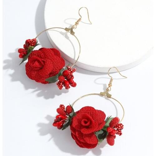 Dvacaman 2021 New Trendy Simple Long Fabric Flower Drop Earrings for Women Girls Boho Colorful Rose Flower Earrings Cute Jewelry
