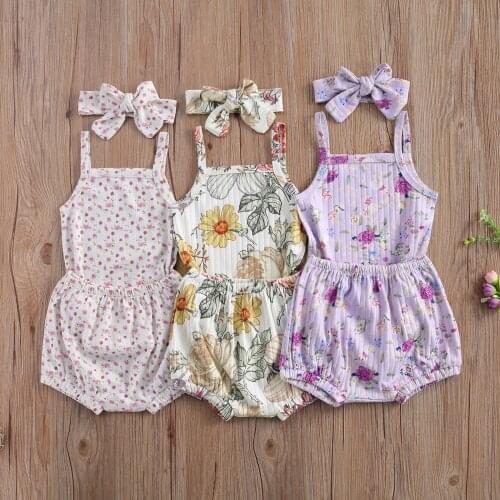 Newborn Baby Girls 3-piece Clothes Set Sleeveless Floral Print Romper+Shorts+Headband Sets Summer Clothing