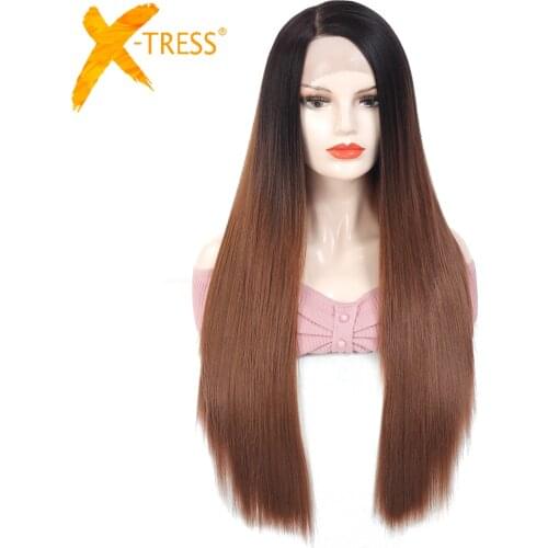 Ombre Brown Color Synthetic Lace Wig With Baby Hair X-TRESS Long Straight 13X4 Lace Front Wig For Women Free Part Heat Resistant