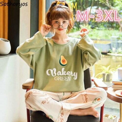 Pajama Sets Women Plus Size 3XL HomeWear Sleepwear Cotton Baggy Leisure Lovely Sweet Pyjamas Casual Long Sleeve Trendy Ulzzang