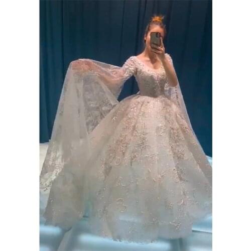 Sheer V Neck Luxury Crystal Shiny Wedding Dress 2021 New Arrival Court Train Europe Wedding Gown With Shawl For Women
