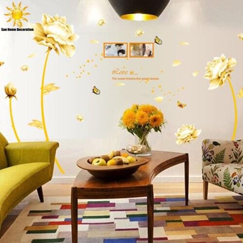 Removable 3D Golden Homecoming Flowers Wall Sticker Art Wall Bedroom Wall Stickers Home Decoration Wall Decals Mural