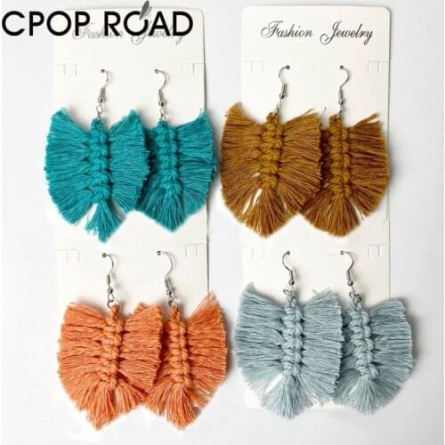 Macrame Tassel Earrings for Women Bohemian Handmade Cotton Fringed Dangle Earrings Ethnic Style Light Weight Wedding Jewelry