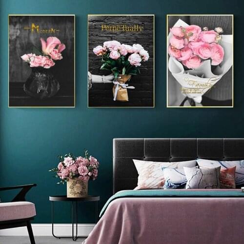 Modern Pink Flower Love Never Ends Fashion Lady Print Poster Black Paris Canvas Art Painting Wall Pictures For Girl Room Decor