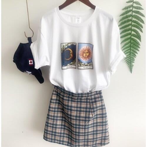 Sunfiz YF New Harajuku aesthetic Female Tshirt Sun moon Print Short Sleeve Tops Pink Tees Fashion Casual T Shirt