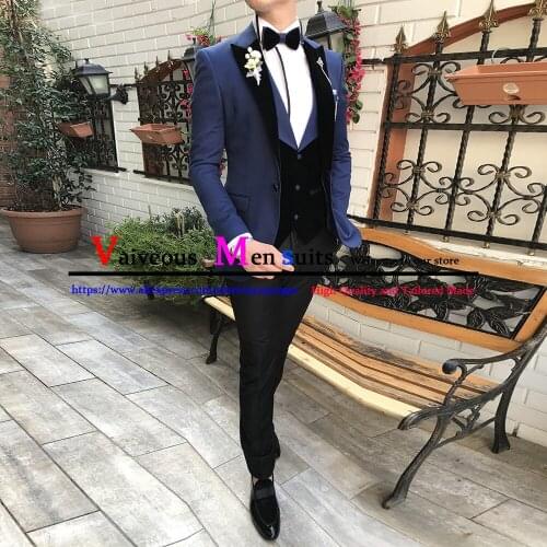 Dark Blue Groom Male Wedding Prom Suit Slim Fit Blazer Tuxedo Men Formal Groomsmen Wear Suits 3 Piece Set (Jacket+Pants+Vest)