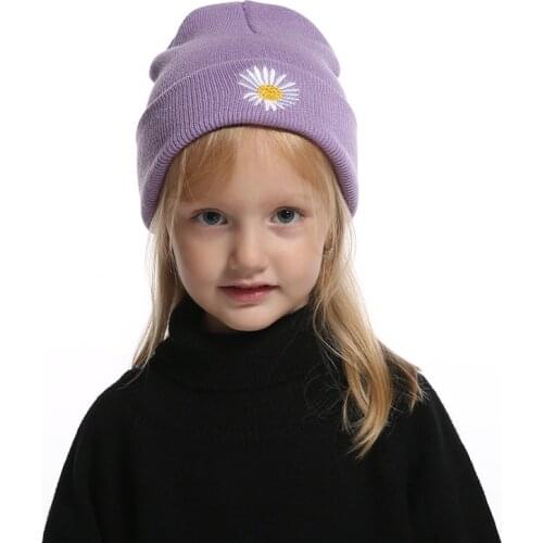 Warm Knitted Kids Beanie Hat Baby Cute Daisies Flower Embroidery Cap Parent Child Autumn Winter Hat Girls Boys Bonnet