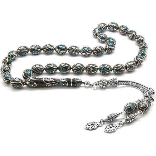 Tesbihane 925 Sterling Silver Tassels Silver-Turquoise-Enamel Embroidered Erzurum Oltu stone Rosary