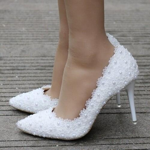 Sexy Pumps Wedding Women Fetish Shoes women pumps Party banquet Lace PU Rhinestones Slip On 9.5CM Thin High Heels Pointed Toe