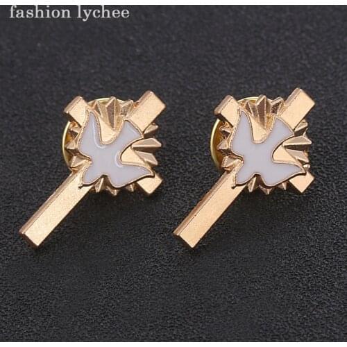 Fashion lychee Retro Gold Color Peace Dove Oil Drop Enamel Cross Brooch Women Girls Sweater Pins Trendy Jewelry Gift