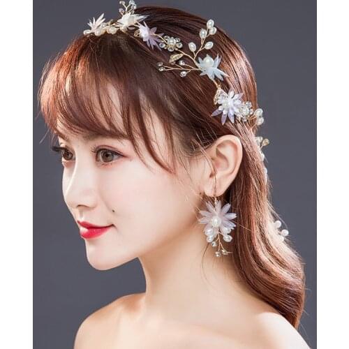 New Bridal Pink Flower Pearl Headbands Crown For Women Elegant Bride Pearl Wedding Accessories Party Gifts