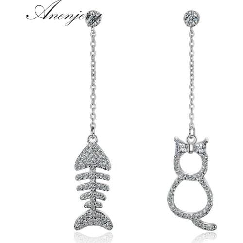 ANENJERY 925 Sterling Silver Earrings Mosaic CZ Zirconia Cat Fish Long Tassel Earrings For Women oorbellen brincos S-E390