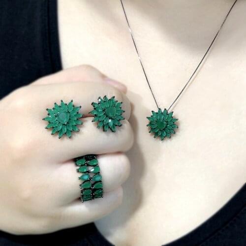 Luxury Flower Jewelry Sets For Women Green Cubic Zirconia Pendant Necklace Stud Earrings Ring Elegant Bridal Wedding Jewelry Set