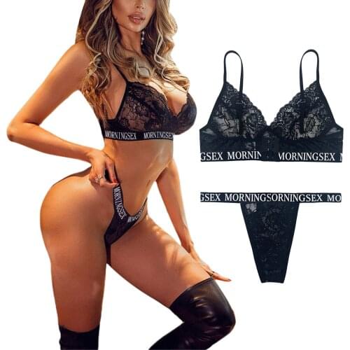 Women Lace Sexy Two-piece Lingerie Set Black Deep V-neck Underwear and Low Waist Panties S/ M/ L/ XL Support Wholesales