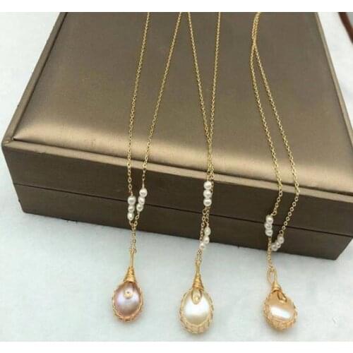 14K Gold injection Mesh jewelry 100% Natural freshwater Baroque pearl Necklace pendant chain for women