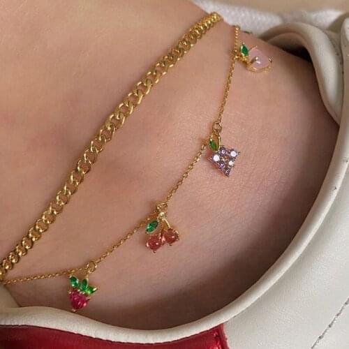 2 Pcs/Set Sweet Gold Color Crystal Apple Strawberry Cherry Grape Fruit Anklets Set Fashion Anklet Bracelet Jewelry Gift