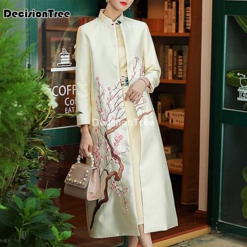 2021 chinese traditional dress for women festival clothing gothic long cheongsams party solid satin embroidery qipao robe