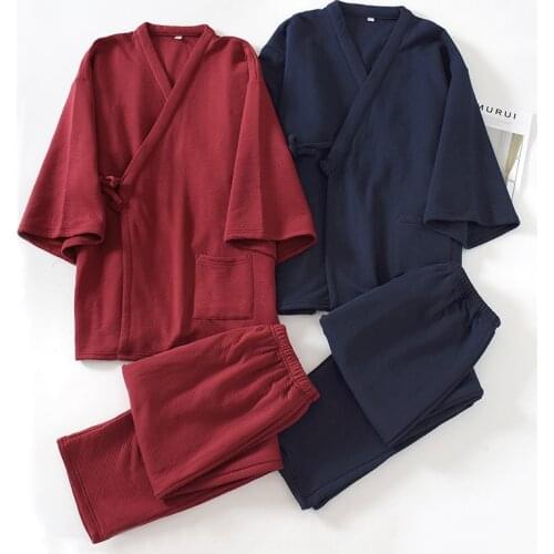 Oversize Japanese Style Kimono Cardigan Pants 2pcs Set Mens Nightwear Cotton Comfortable Home Suit Robe Sleepwear Daily Casual