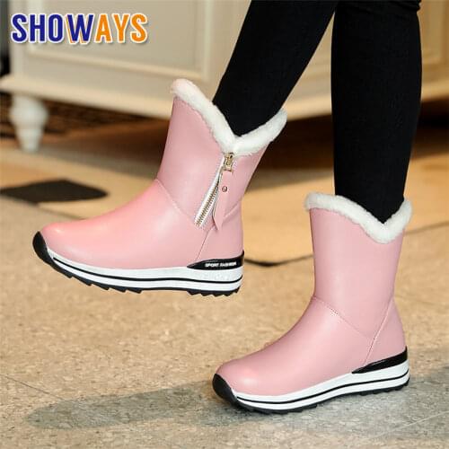 Big Size Winter Women Warm Fur Snow Boots Pink Blue Casual Outdoor Lolita Round Toe Platform Anti-slip Wedge Heel Mid-calf Boots