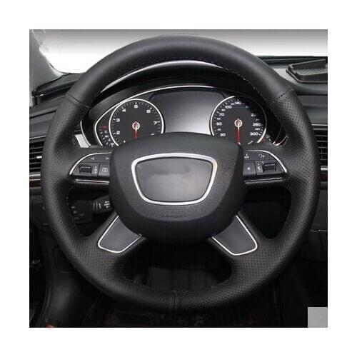 Car styling DIY Special Hand-stitched Black Genuine Leather Steering Wheel Skin Cover For Audi A4 A6 Q7 2013-2015