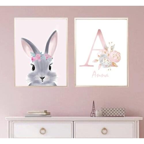 Baby Girl Room Decor Nursery Art Customized Name Canvas Painting Gift Print Floral Flowers Pink Rabbit Poster Bedroom Wall Decor