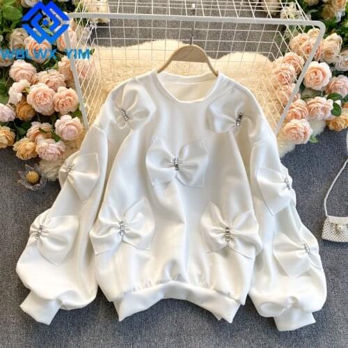 Elegant Hoodies Women Fashion Bow Decoration Sweatshirt Loose Puff Sleeve Pullovers Oversize Tops Female Casual Sweatshirts