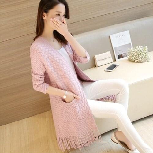 2021 Autumn Women Elegant Knitting Cardigan Sweater Korean Long Sleeve Mid-Length Tassel Beige Knitwear Coat Female Tide A528