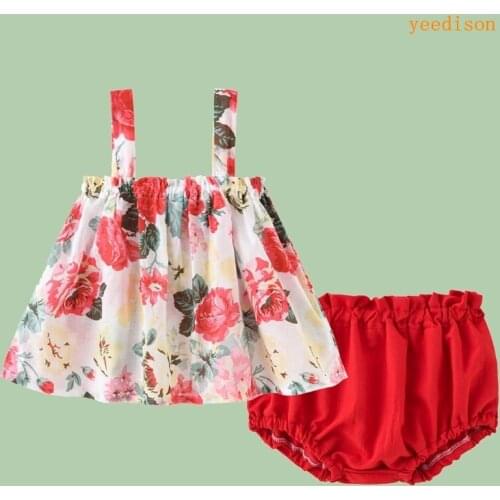 New Summer Baby Girl Outfit Baby Girl Clothing Sets 2 Pcs Set Flower Print Sleeveless Dress+briefs Boho Beach Baby Clothes 0-24M