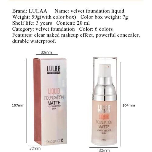 LULAA 20ml Matte Oil Control Concealer Full Coverage Matte Base Liquid Foundation Cream for Women Makeup T1041