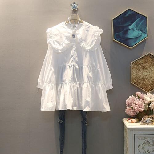 Mini Dress Women 2021 Autumn Spring Sweet Peter Pan Collar Big Lapel Long Sleeve Ruffles Plus Size Loose Oversize Dresses Cotton