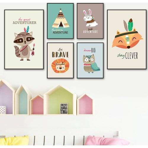 Cartoon Kawaii Raccoon Bunny Lion Owl Fox Tent Wall Art Canvas Painting Nordic Posters And Prints Wall Pictures Kids Room Decor
