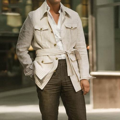 Mens Lapel Striped Pocket Belted Shirt 2021 Fall Fashion Urban Trend Slim Mid-length Striped Shirt Mens Clothing Shirt Top