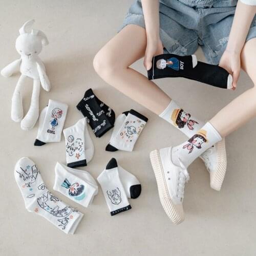 Womens socks womens middle tube spring autumn INS fashion combed cotton white summer lovely Japanese black letter stockings